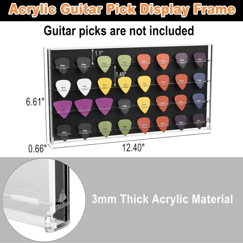 TXesign Guitar Pick Wall Mount Display Case for Picks Storage and Display, Guitar Pick Display Frame Acrylic Storage Box Hold Up to 32 Guitar Picks (Black) - Image 2